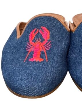 Women's Size 9.5 Zalo Lobster Embroidered Slip On Denim Mule Loafer